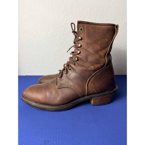 Vintage Bronw Leather Logging Boots Vibram Sole Packer Style Size 10D 1970s